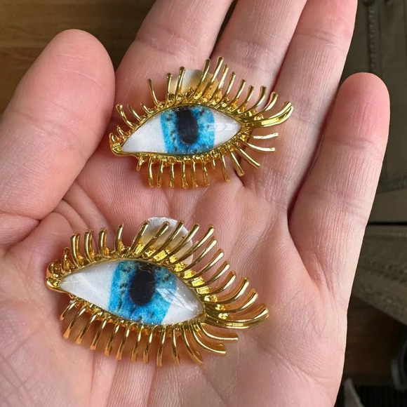 Anthropologie Gaze Blue Eyes Gold Abstract Protection Magic Earrings - Picture 1 of 9
